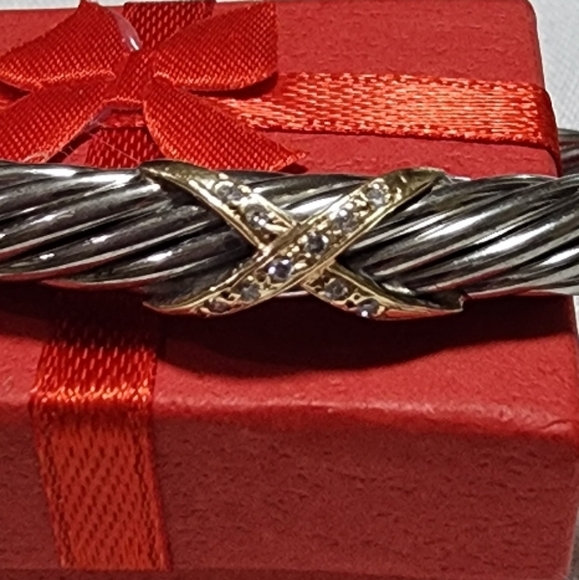 Sterling and 14K gold and diamond "X" Cable Twist cuff bracelet - Picture 8 of 12